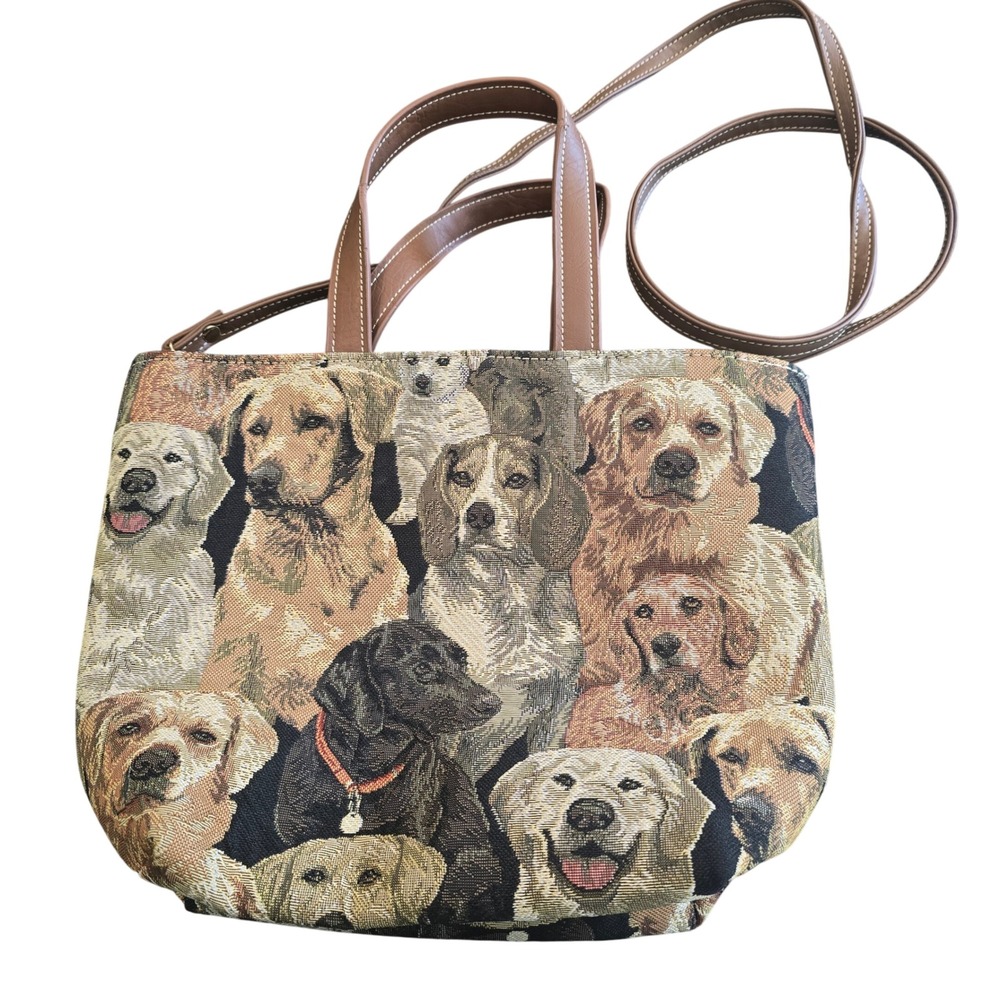 Signare Dog Breed Tapestry Tote Bag Crossbody Woven Multi Canine Gold Hardware